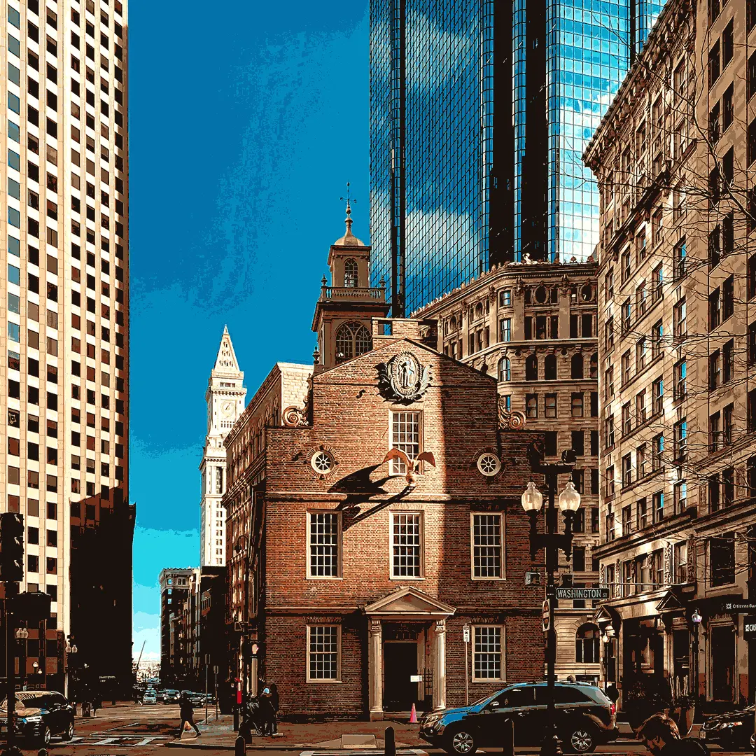 An old brownstone building surrounded by large modern skyscrapers in Boston