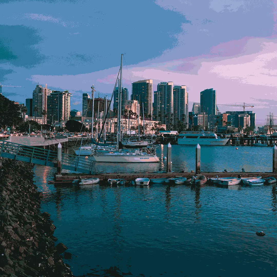 The bay in San Diego with sailboats in the foreground and the city in the background